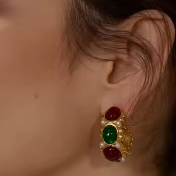 New ANTHRO 18k Gold C French Hoops with Red and Green Gems, Faux Pearls - Picture 4 of 12
